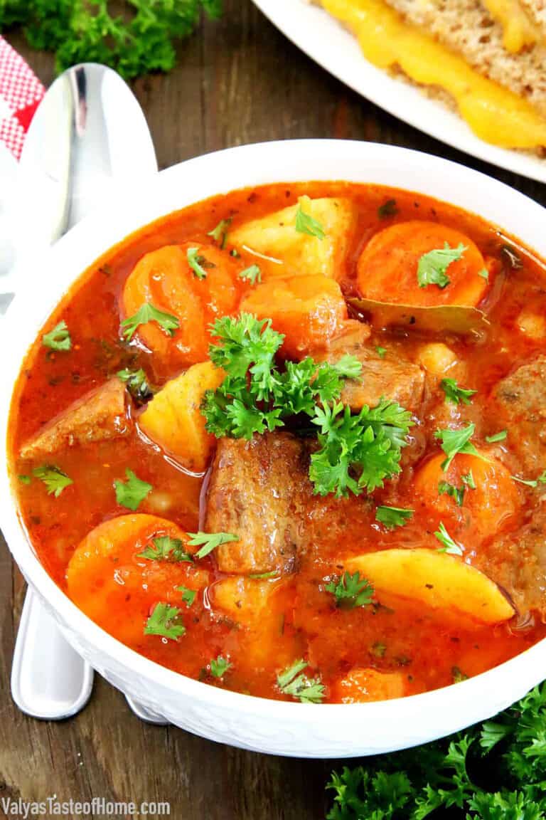 It has a slightly thick and satisfying texture without any thickening additions. Once the red potatoes are cooked for a prolonged time it releases some starch and makes the liquid a bit thicker. Which we love, and gives the stew a hearty, delicious feel! 