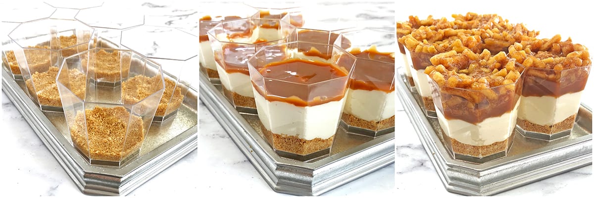 These No-Bake Caramel Apple Pie Cheesecake Parfaits are out of this world delicious! Layers of goodness: crushed buttery graham cracker crust, smooth and creamy cheesecake filling, tasty and rich organic caramel, slathered with fantastic homemade diced apple pie filling, and finally topped with whipped cream.