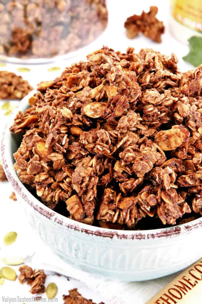 Do you like flavored granola? Are you still buying chocolate granola at the store? Did you know that it is super easy and much healthier to make it yourself at home? And the homemade version is unbeatable. This is The Best Healthy Dark Chocolate Granola Recipe you'll ever try! And also clean, fresh, and healthy.
