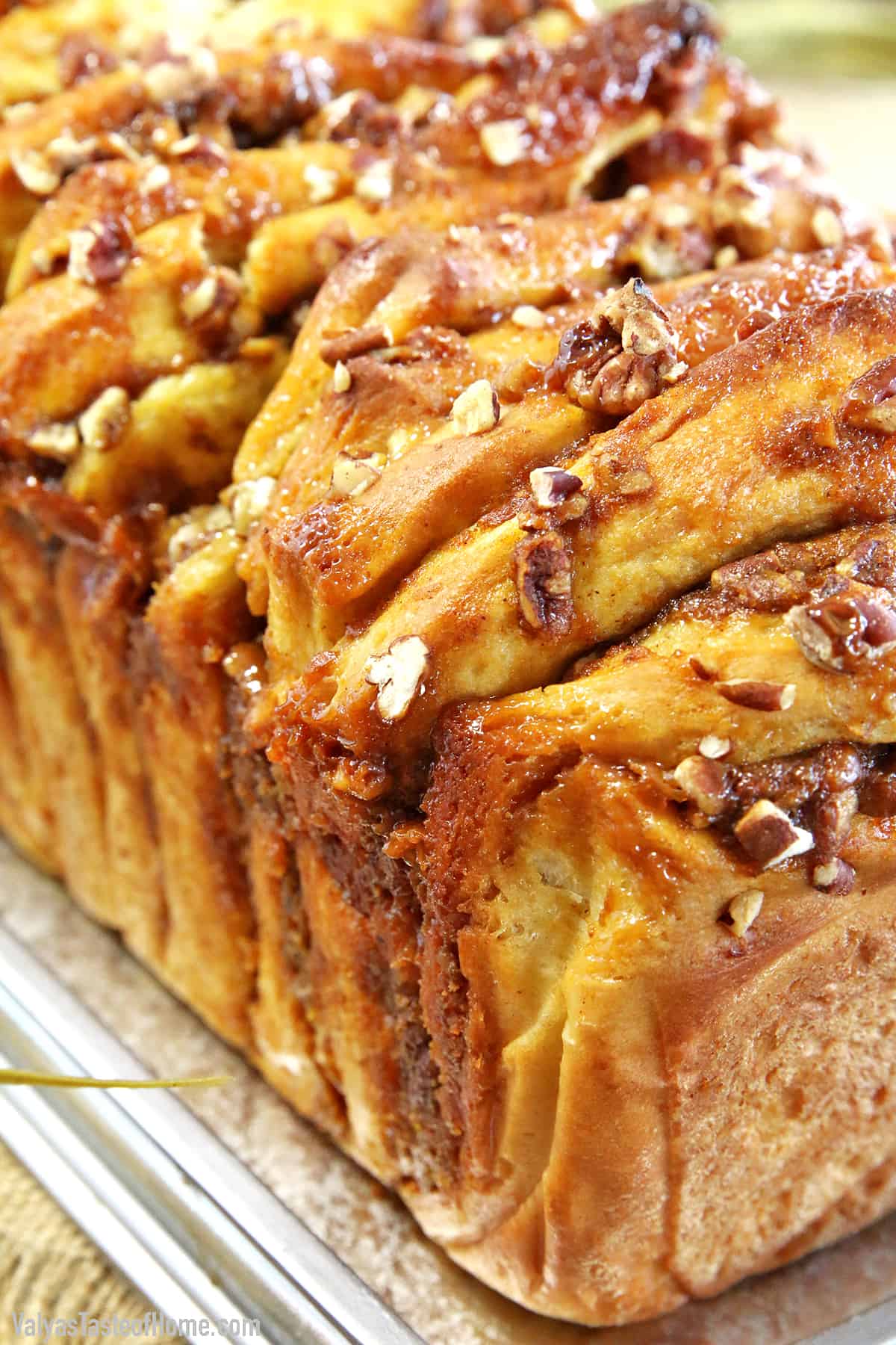 The name of this treat, Pumpkin Pull-Apart Bread with Pecans and Caramel, pretty much covers it! Filled with wonderful flavors we all love about Fall, it’s sure to satisfy your sweet cravings.