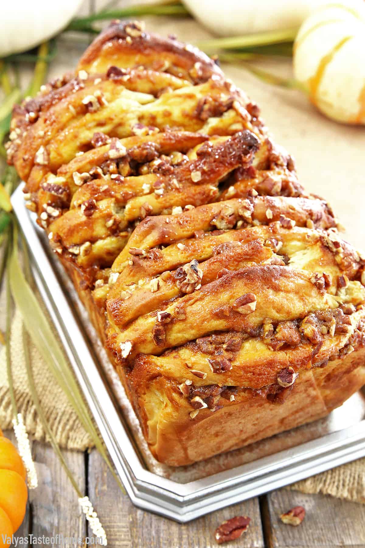 The name of this treat, Pumpkin Pull-Apart Bread with Pecans and Caramel, pretty much covers it! Filled with wonderful flavors we all love about Fall, it’s sure to satisfy your sweet cravings. 