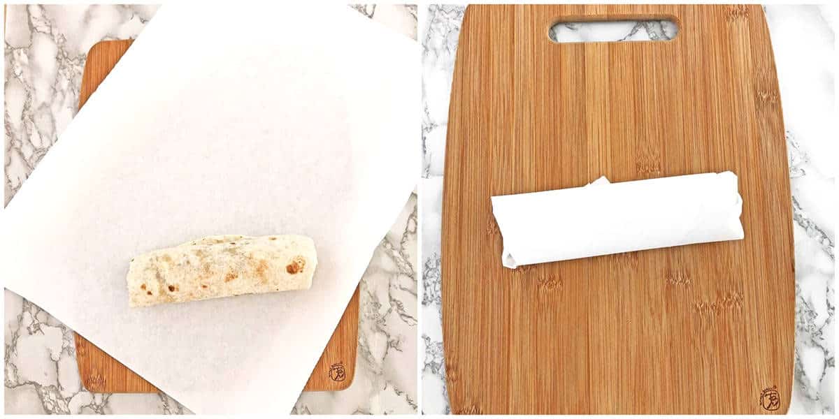 Roll and fold the same way you would roll a burrito, and place a small clear piece of tape onto the edge of the paper to prevent the paper from unfolding.