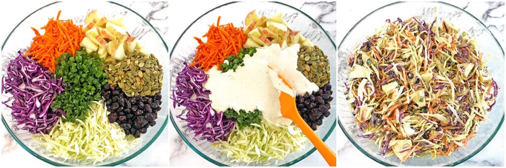 Pour the dressing over the coleslaw salad and mix to coat evenly.