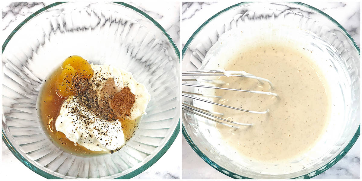 In a small bowl whisk together Greek yogurt, mayonnaise, apple cider vinegar, maple syrup, pumpkin puree, pumpkin pie spice, sea salt, and pepper.