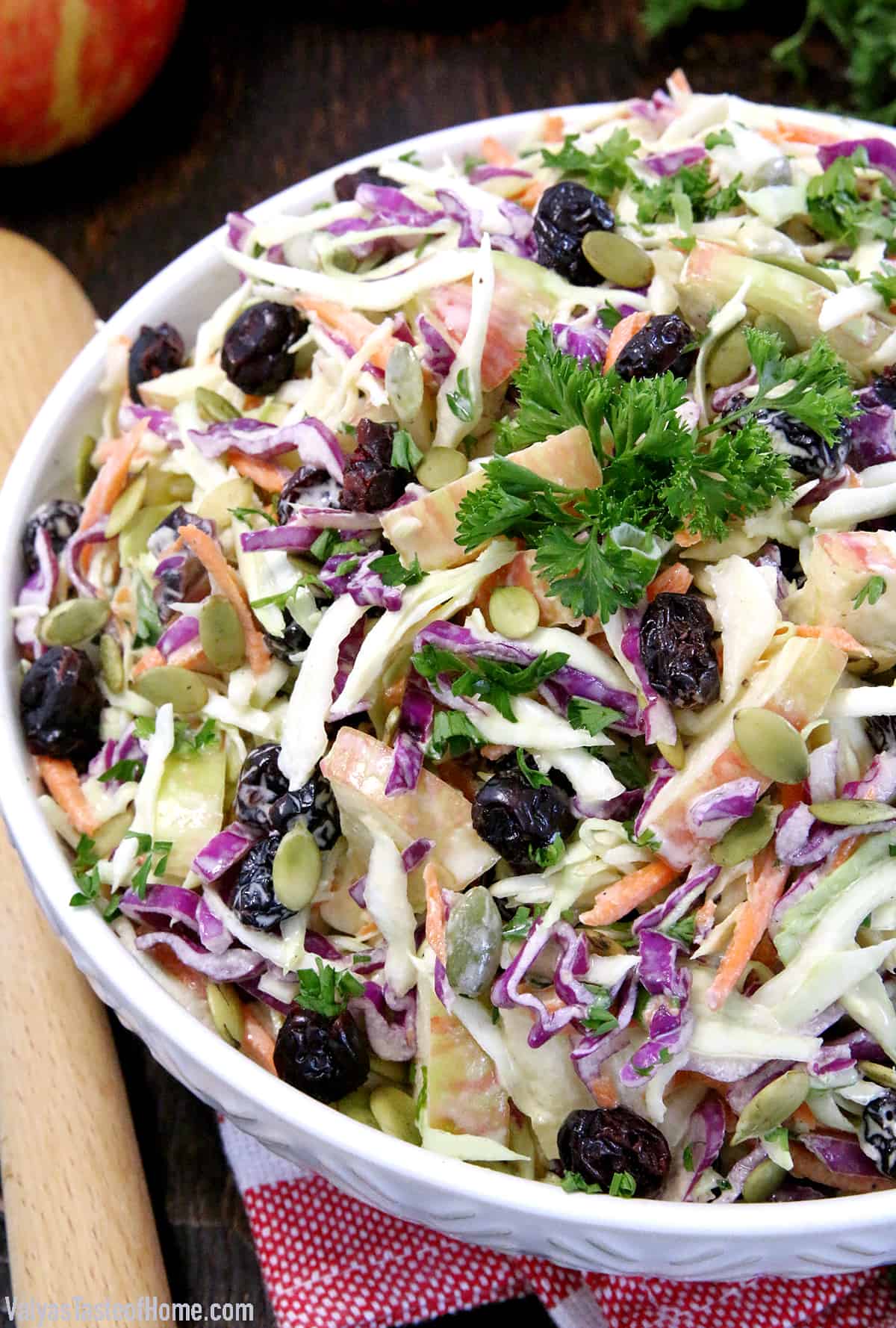 You've got the chops, my friend! This Easy Apple Cranberry Pumpkin Coleslaw Recipe is a must-have on your holiday table. There is nothing quite like a refreshing fresh and crunchy salad like this, bursting with tasty Fall flavors to accompany that scrumptious main dish on your plate.