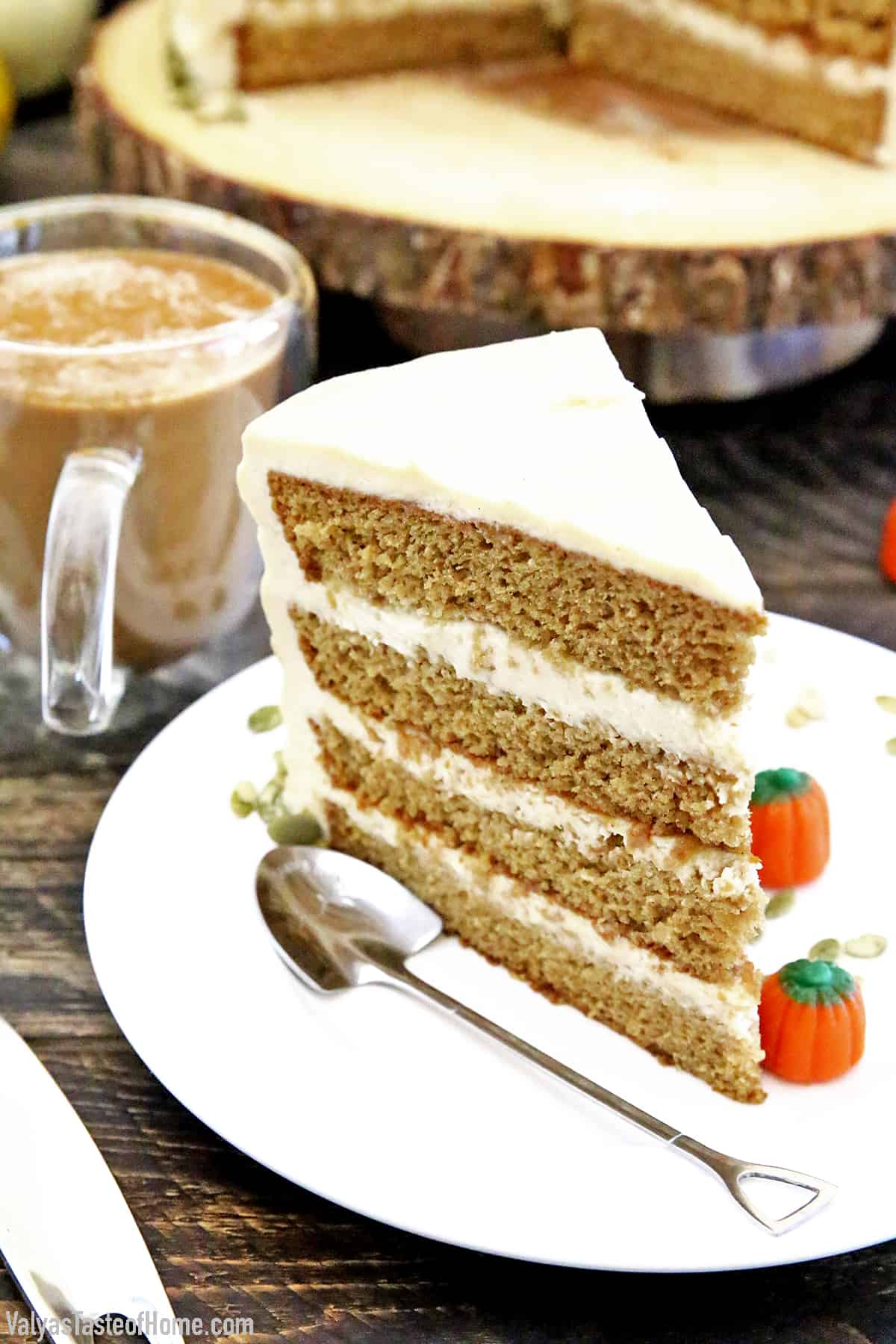 It is coffee. It is pumpkin. It is cake. All in one neat and delicious package! The sponge cake is tender and pillowy soft. Light, airy, moist, bursting with all the cravealbe Fall flavors: creamy pumpkin spice and coffee