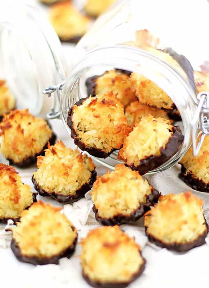 These Chocolate Dipped Coconut Macaroons are so easy to make; they are chewy on the inside, and slightly crisp on the outside.