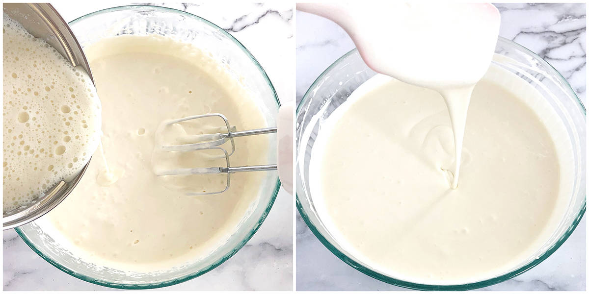 Slowly add the warm milk and gelatin mixture and mix for a few more minutes.