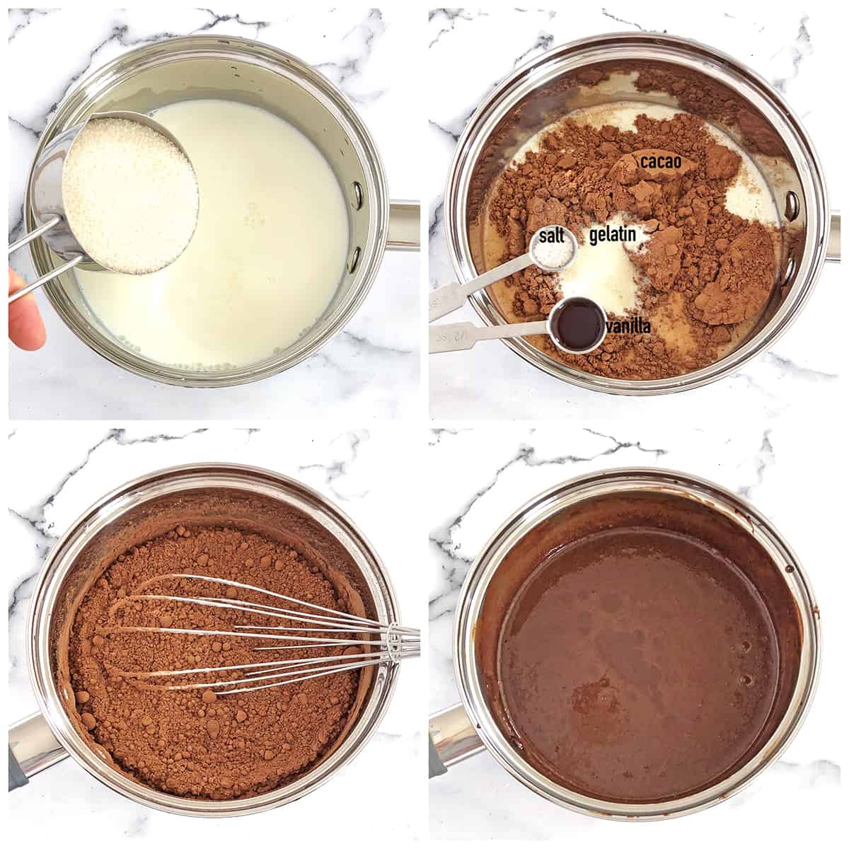 Let's make our cacao topping next! In a small saucepan, combine milk, sugar, cacao, gelatin, vanilla, and salt.