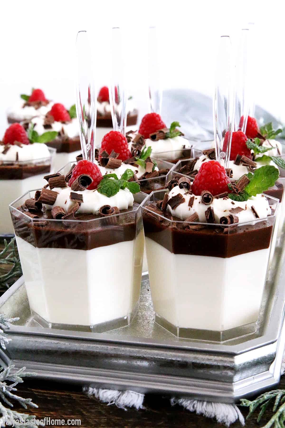 An amazingly delicious creamy mousse-like base, covered with a thin layer of cacao-jelly, topped with smooth whipping cream, and dressed with berries and shaved dark chocolate.