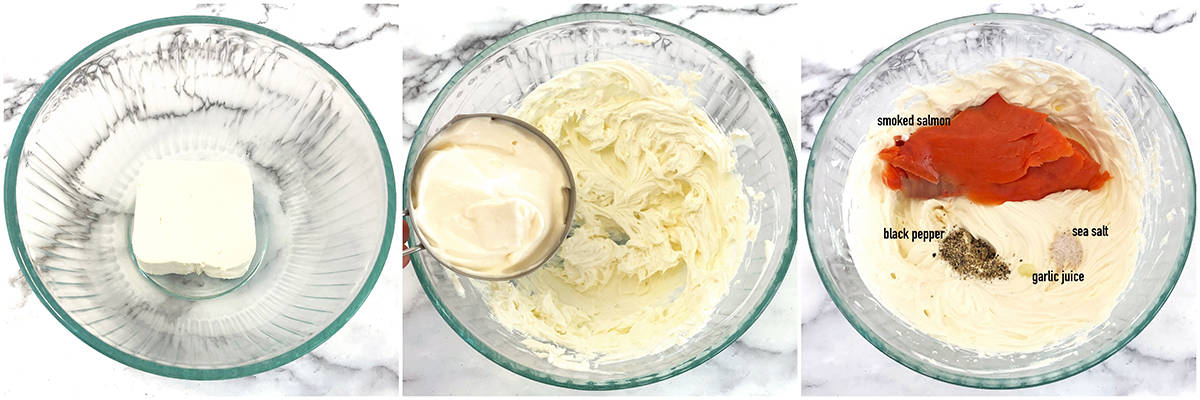 Now, using a hand mixer beat softened cream cheese until it’s smooth. Add mayonnaise and beat again until well combined and smooth in texture.