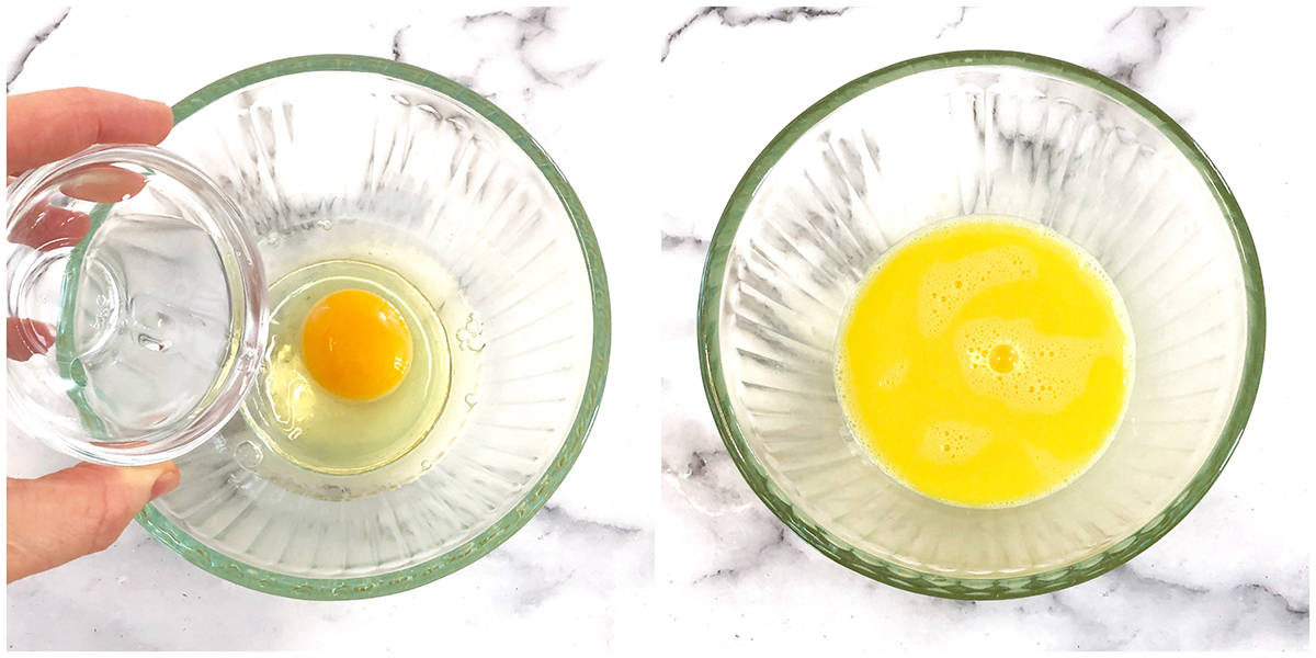 Let’s make the egg wash. To do this, whisk together egg and water in a small bowl and set it aside until ready for use.