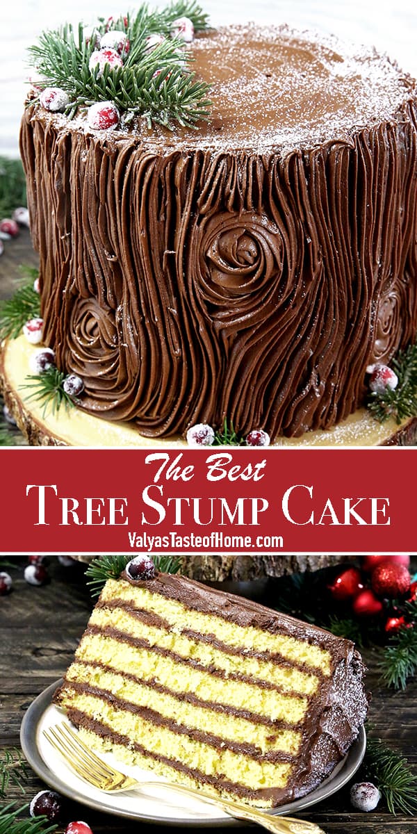 The Best Tree Stump Cake dessert, with its irresistible chocolate buttercream frosting and the beauty of a true show stopper. It's perfect for Christmas, any holiday, or a woodland theme party.