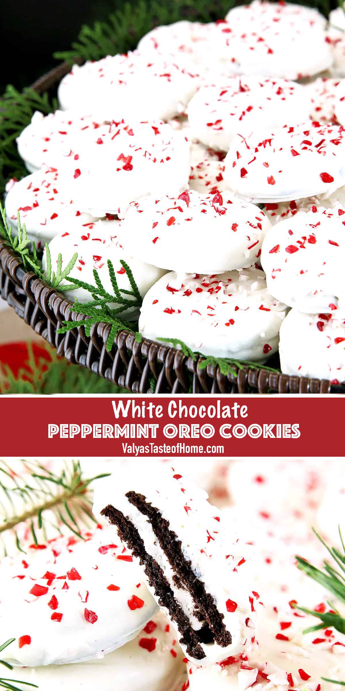 Oreo cookies dipped in white chocolate and sprinkled with crushed peppermint candies are festive, very attractive and beautiful display on a party tray. And kids have a lot of fun together.