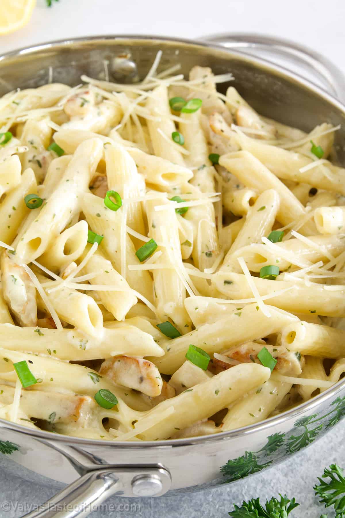 This Garlic Chicken Pasta features a creamy garlic sauce with parmesan cheese and chicken strips that are tossed together with pasta for the most perfect combo!