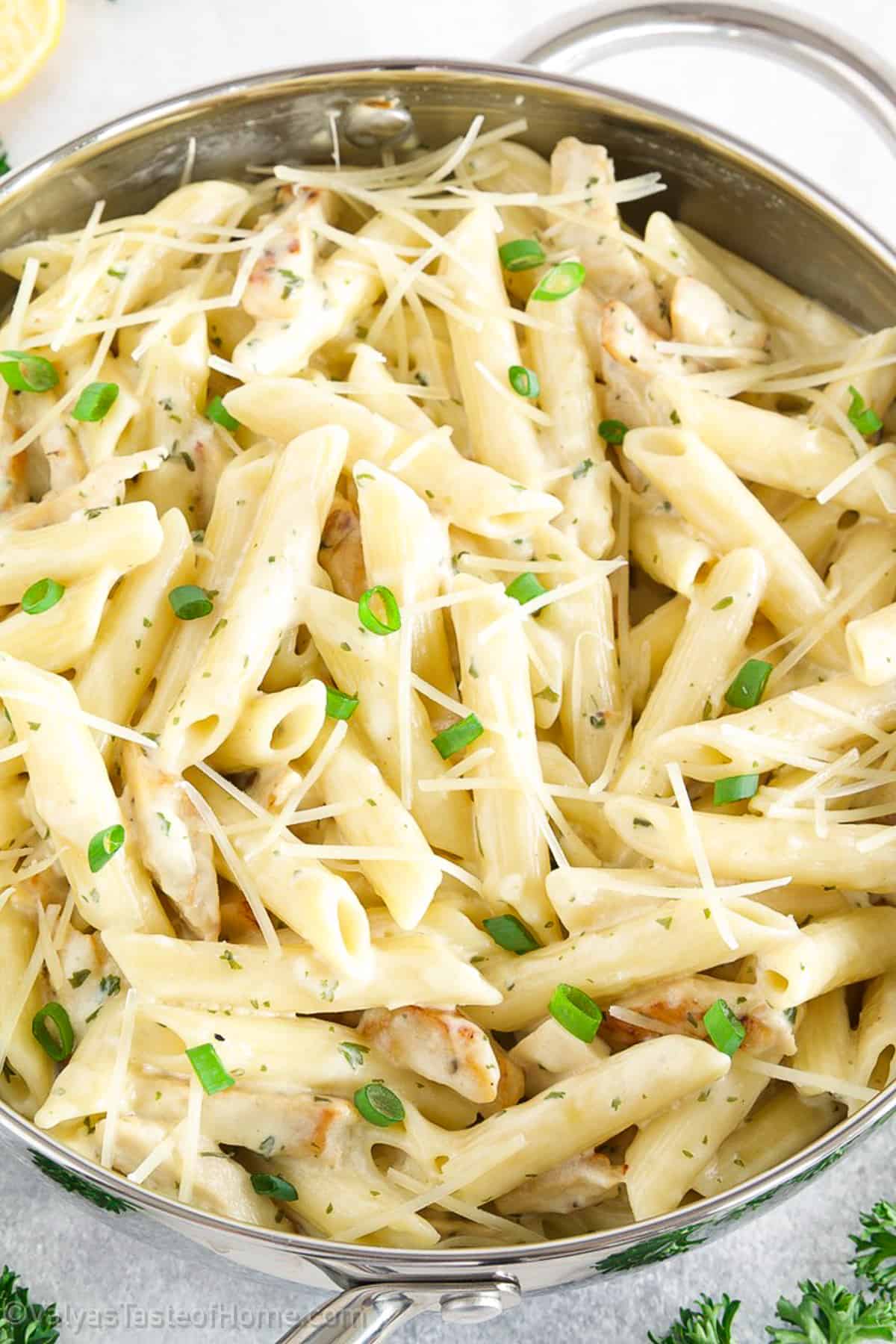 I love pasta with lots of creamy sauce, which is very similar to homemade Alfredo sauce, so you get not only chicken and pasta in your bite but a generous scoop of the delicious sauce too. 