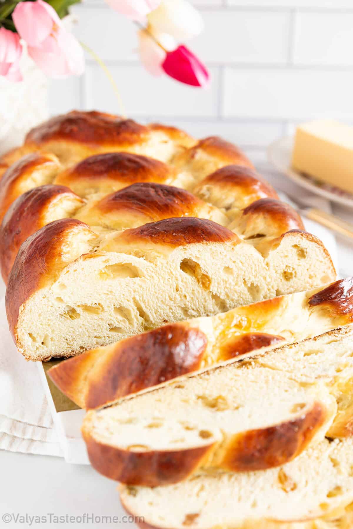 Have this sweet braided bread with a little butter spread and a hot cup of tea or coffee, as we do in our household. The bread itself is soft, moist, and sweet.