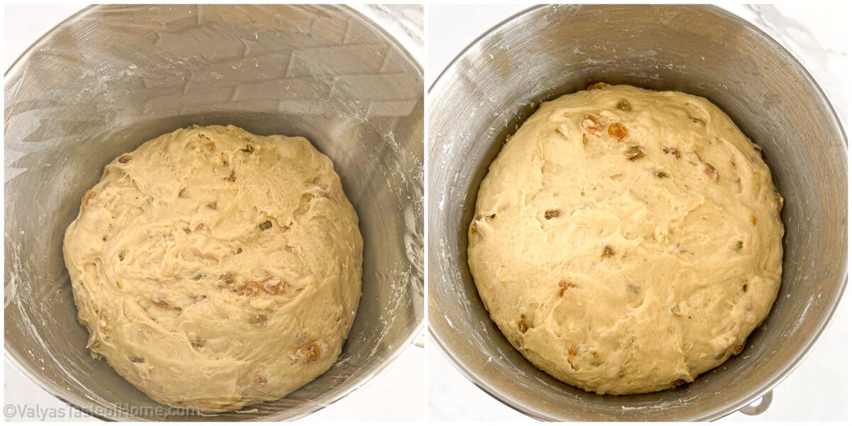 Let the dough rise in a warm environment. Cover it with a kitchen towel or plastic wrap to let it rise.