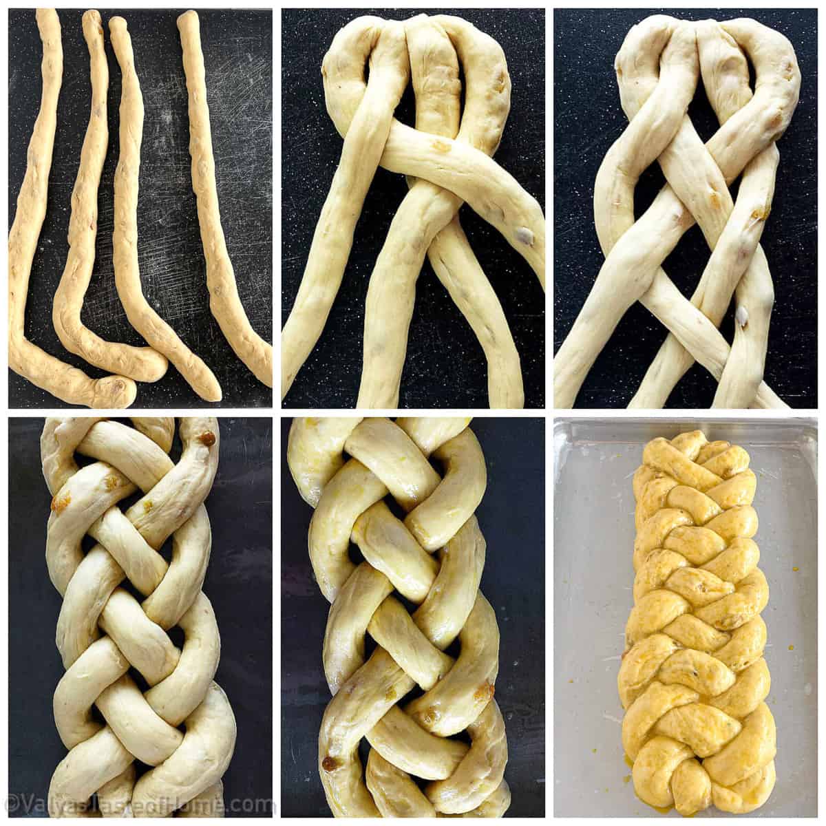 Shaping and braiding the Challah is pretty easy, follow the picture instructions.