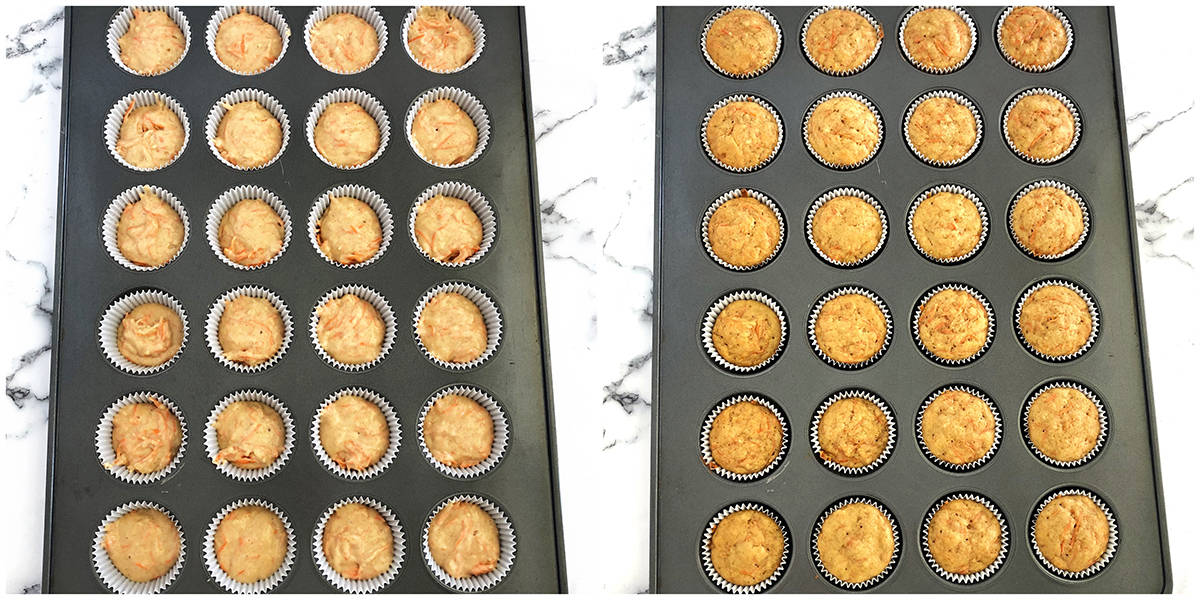 Place the cupcake pan in the preheated oven and bake for 15 minutes or until an inserted toothpick into the center of a cupcake comes out clean.