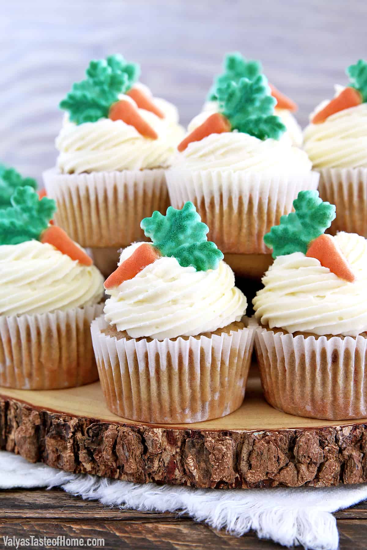 These carrot cake cupcakes are super easy to make. In just a few simple steps, you'll have a batch of these moist, fluffy, and spongy cupcakes with a slightly tangy yet incredibly smooth cream cheese frosting.