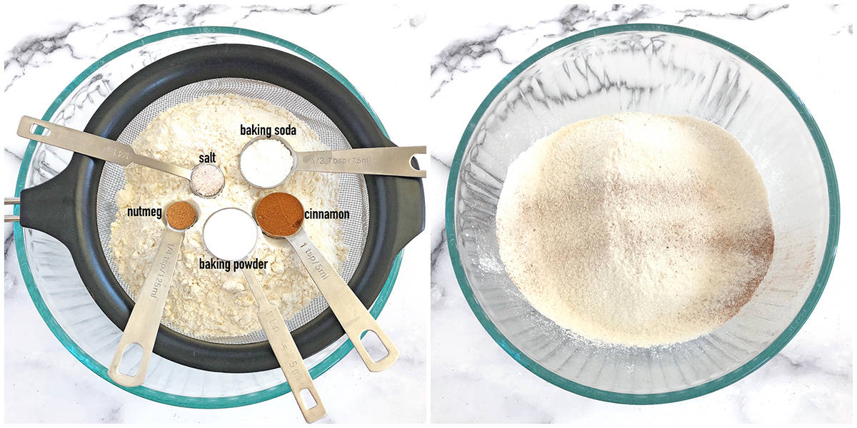 In a large bowl, mix together the dry ingredients - flour, baking soda, baking powder, ground cinnamon, nutmeg, and sea salt.