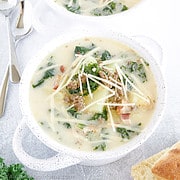 This soup is usually cooked with ingredients found in the Tuscany region of Italy, such as crispy kale, tender potatoes, and sausage.