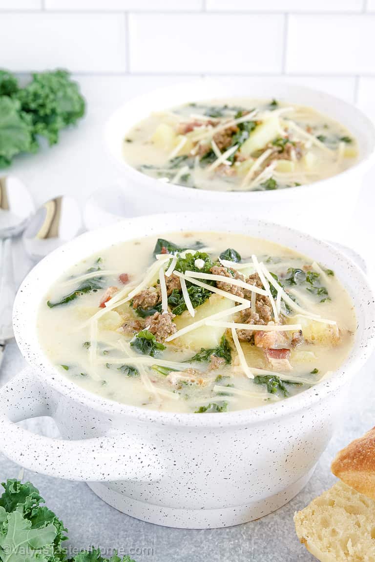 This delicious Zuppa Toscana is made using tasty ground beef with sausage seasonings, kale, bacon, and potatoes for an incredibly delectable and hearty Italian soup.