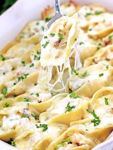 hese Cheesy Chicken Bacon Alfredo Stuffed Shells are stuffed with grilled chicken strips, naturally smoked bacon, freshly chopped green onions, mozzarella, parmesan cheese, and homemade Alfredo Sauce. Need I say more?