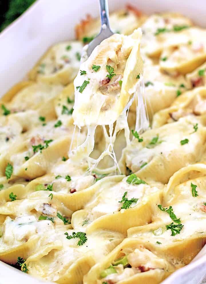 hese Cheesy Chicken Bacon Alfredo Stuffed Shells are stuffed with grilled chicken strips, naturally smoked bacon, freshly chopped green onions, mozzarella, parmesan cheese, and homemade Alfredo Sauce. Need I say more?