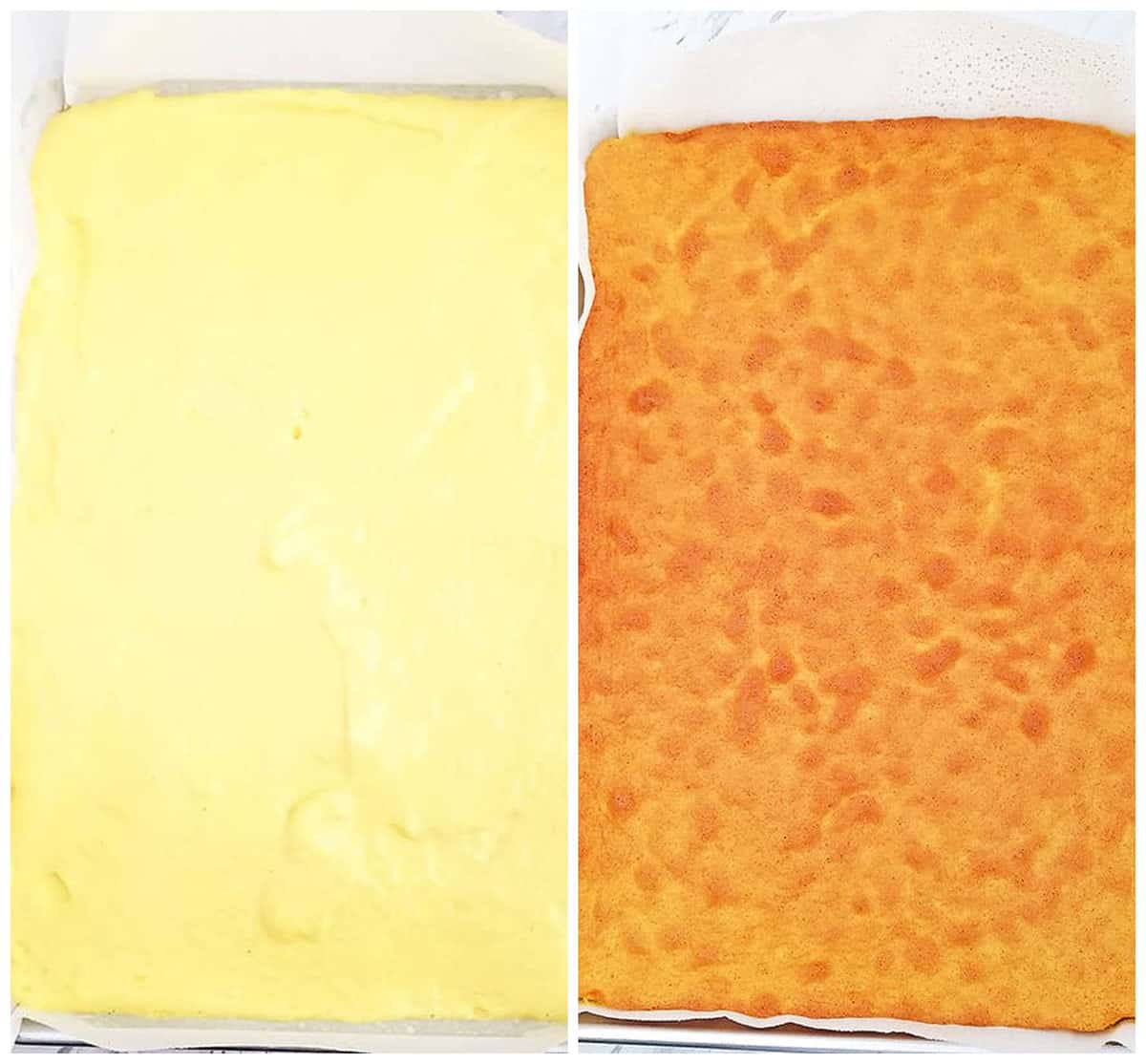 Once done, remove the cake from the oven and let it cool for about 2 – 3 minutes. This allows the cake sponge to moisten and separate from parchment paper.