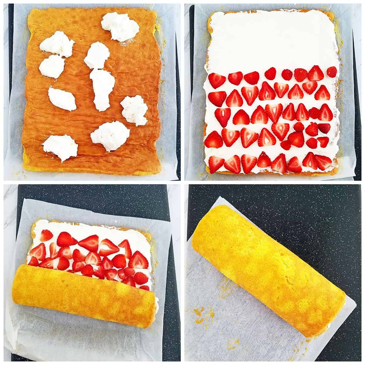Spread of the cream onto the cake sponge evenly using an offset spatula, and then lay out sliced strawberries over the cream.