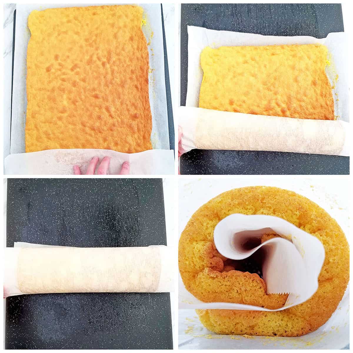 Roll the cake sponge roll into a loose log by using the parchment paper and let it cool completely before frosting. When the cake is still warm and we roll it, it helps it retain its shape better later and will also ensure that it doesn’t crack.