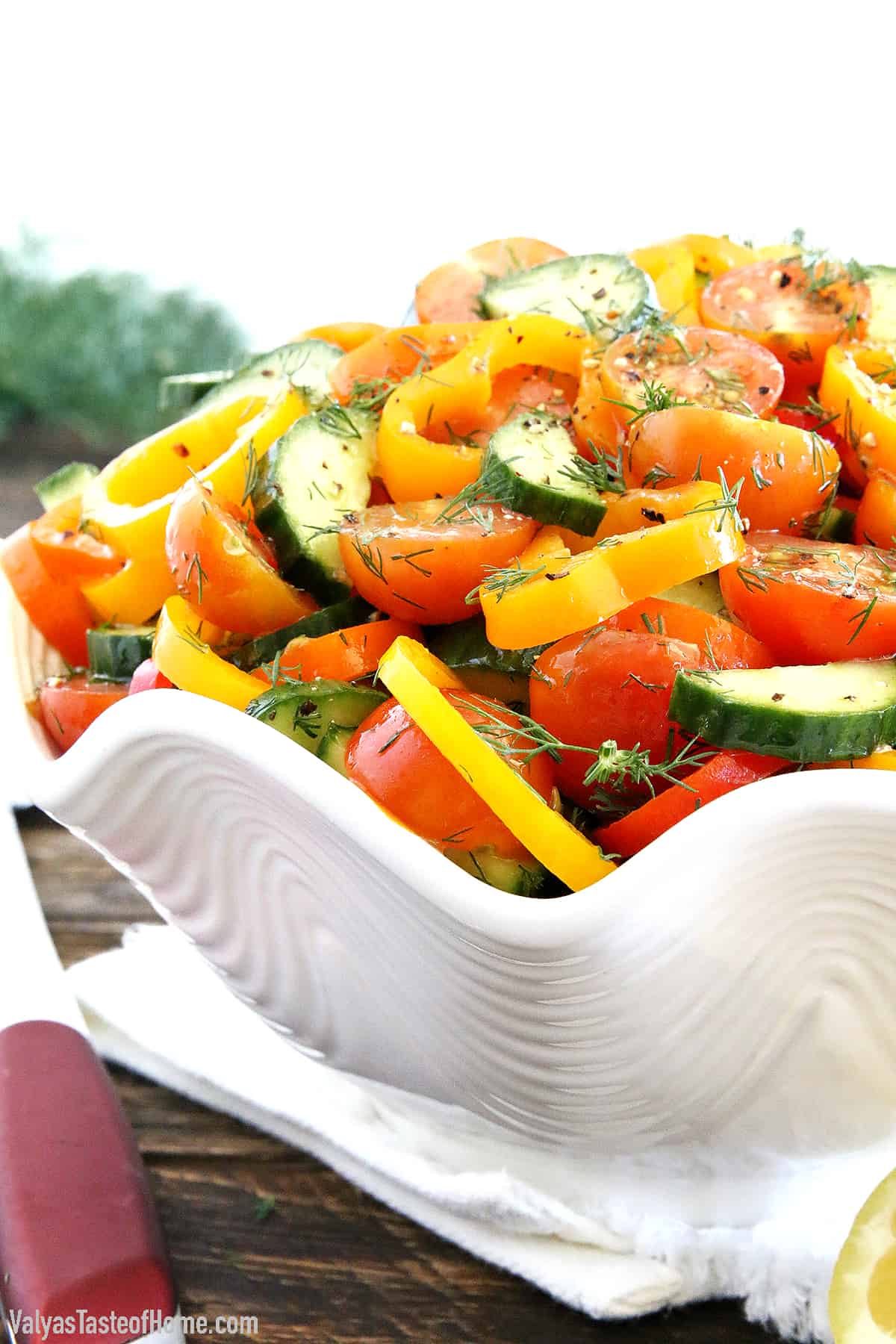 This Sweet Pepper Tomato Cucumber Salad is crunchy, soft, sharp, smooth, aromatic, and savory!