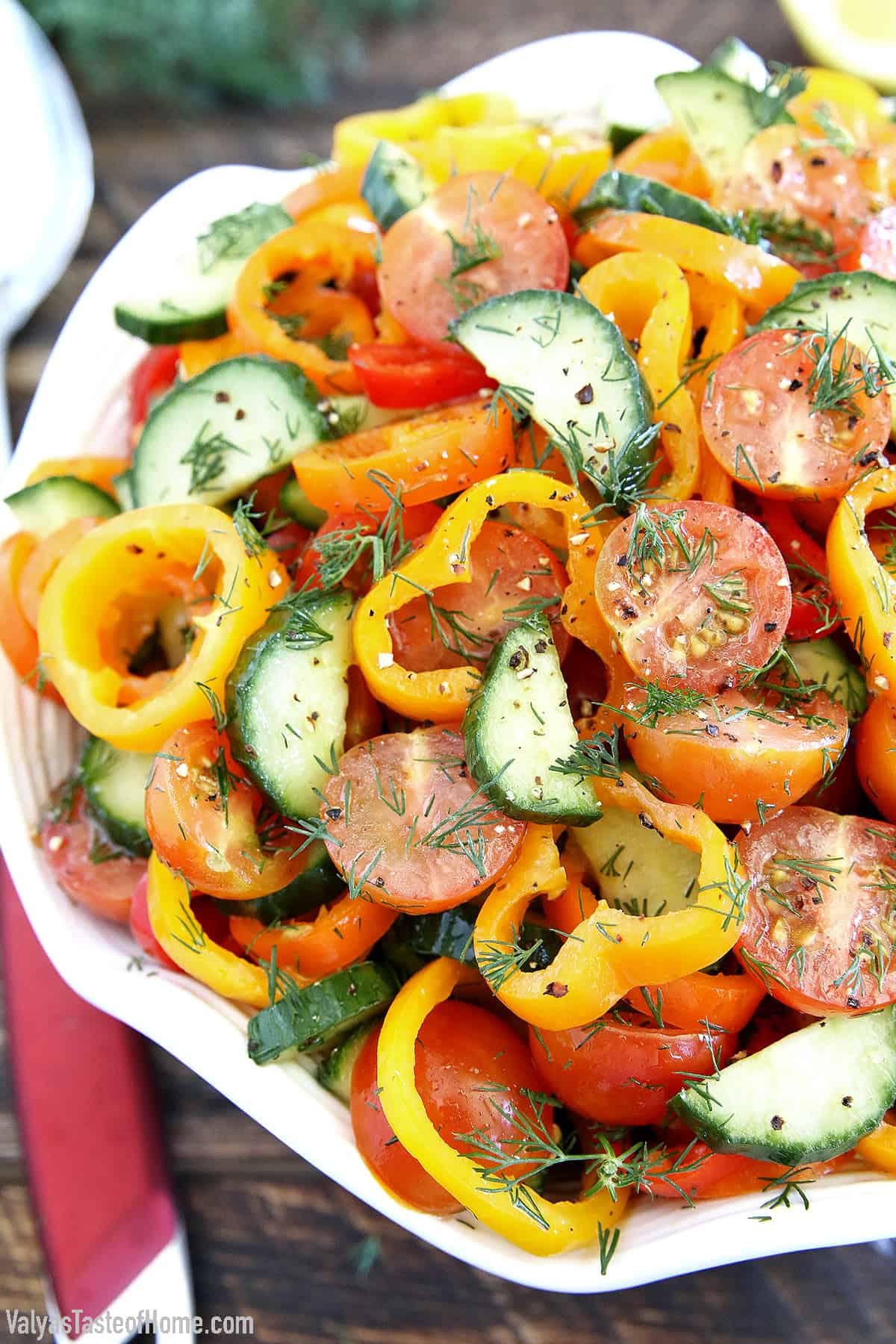 This Sweet Pepper Tomato Cucumber Salad is crunchy, soft, sharp, smooth, aromatic, and savory!