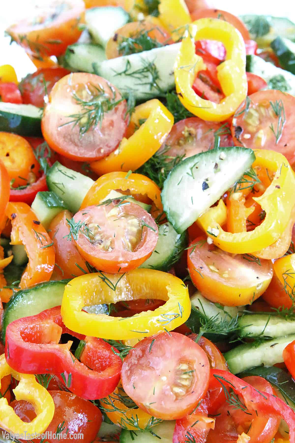 This Sweet Pepper Tomato Cucumber Salad is crunchy, soft, sharp, smooth, aromatic, and savory!