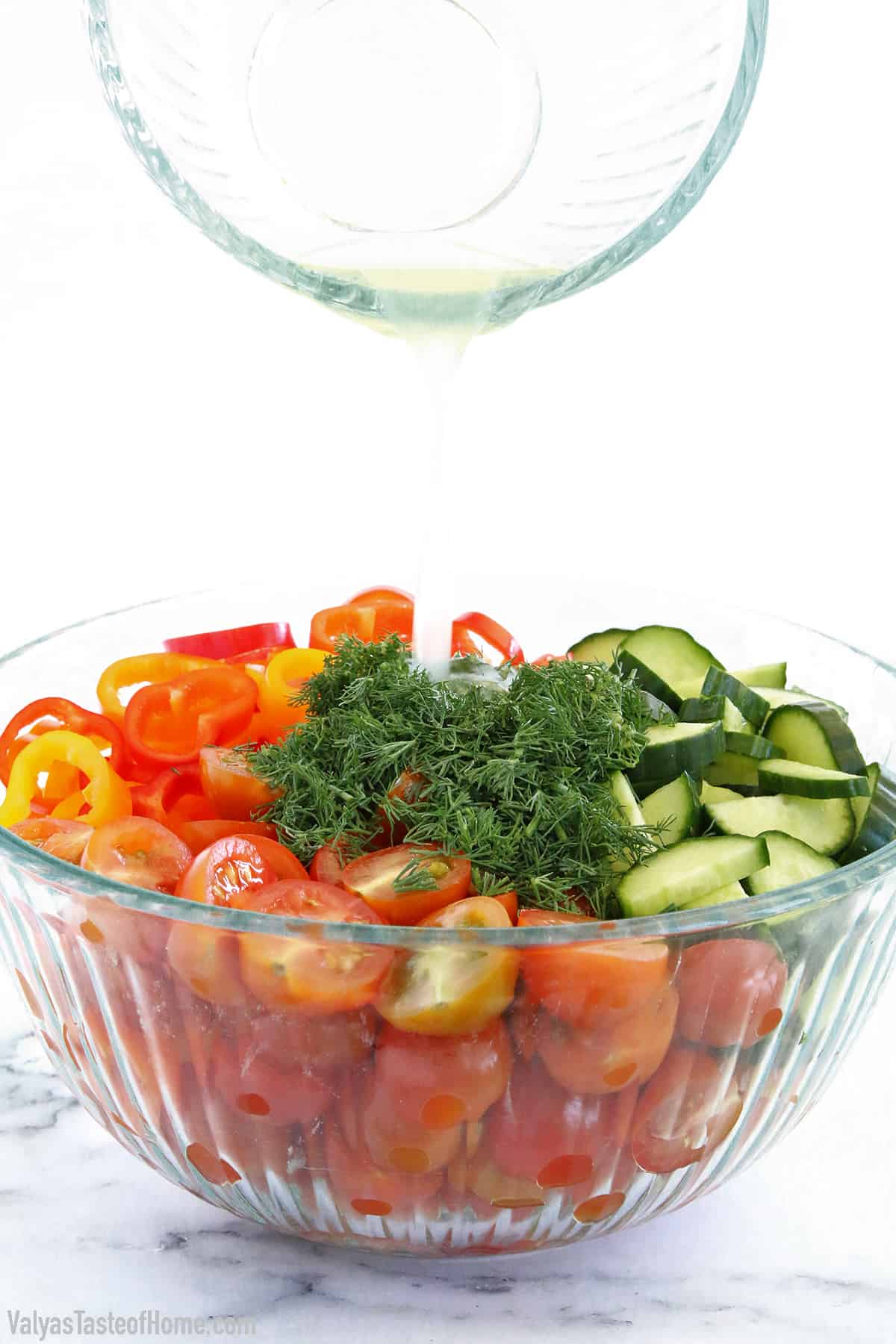 This Sweet Pepper Tomato Cucumber Salad is crunchy, soft, sharp, smooth, aromatic, and savory!