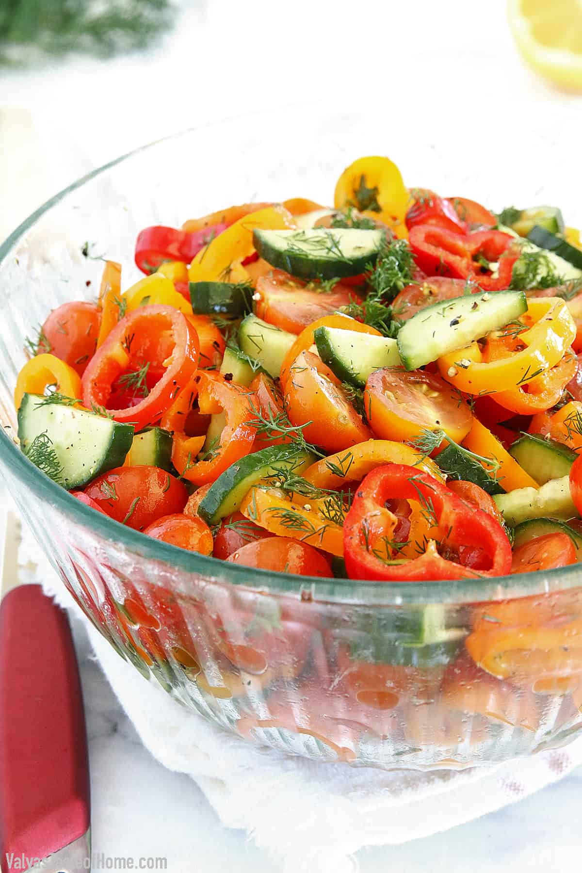 This Sweet Pepper Tomato Cucumber Salad is crunchy, soft, sharp, smooth, aromatic, and savory!