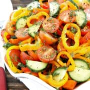 This Sweet Pepper Tomato Cucumber Salad is crunchy, soft, sharp, smooth, aromatic, and savory!