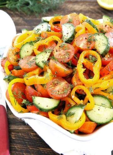 Sweet Pepper Tomato Cucumber Salad 7 Want a little more crunch and flavor in your cucumber-tomato salad? Add some sweet mini peppers! This colorful Sweet Pepper Tomato Cucumber Salad is crunchy, soft, sharp, smooth, aromatic, and savory! It looks so attractive and inviting that you can't help but pile a huge helping of it onto your plate.
