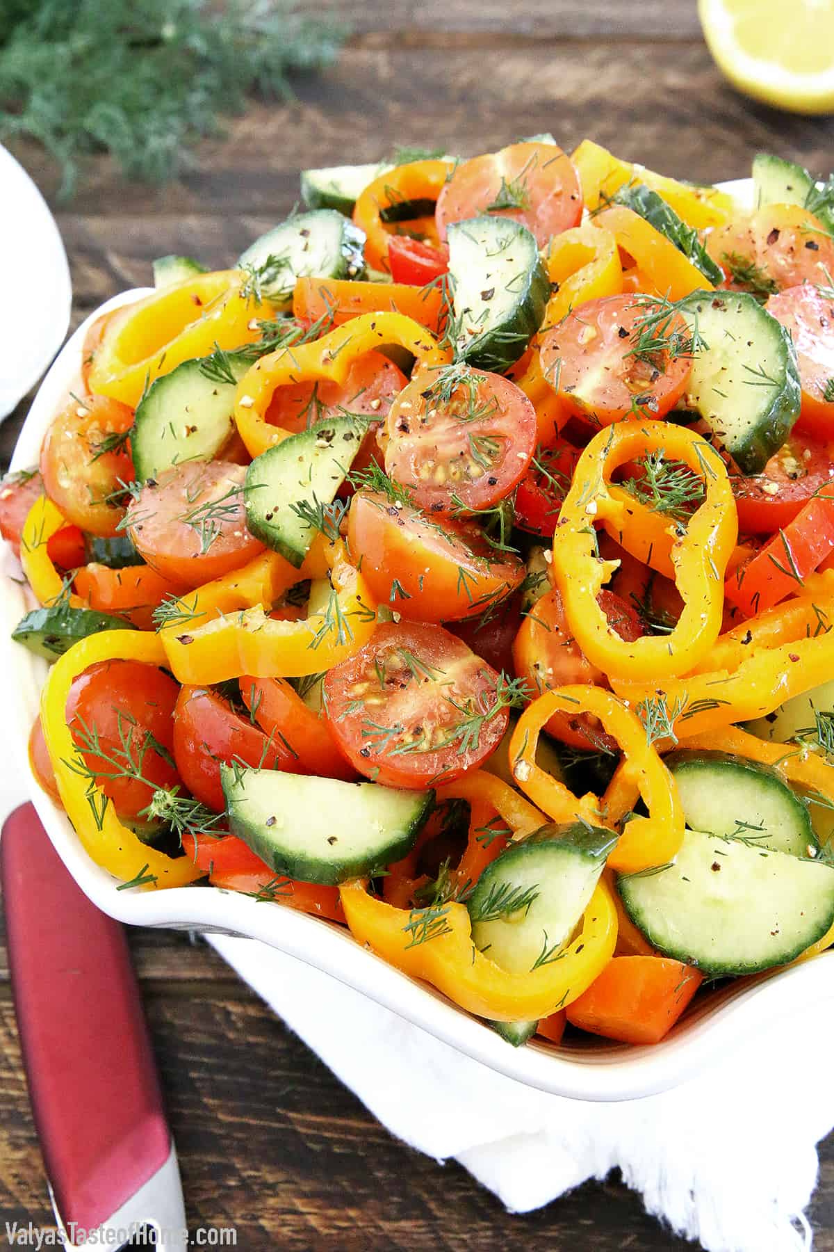 This Sweet Pepper Tomato Cucumber Salad is crunchy, soft, sharp, smooth, aromatic, and savory!