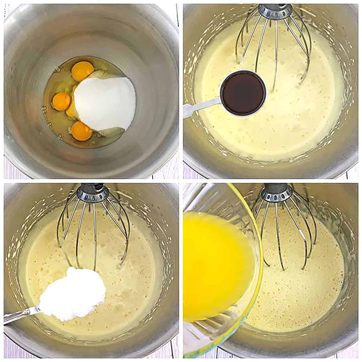 Beat eggs and sugar together on high for 5 minutes with a stand mixer.