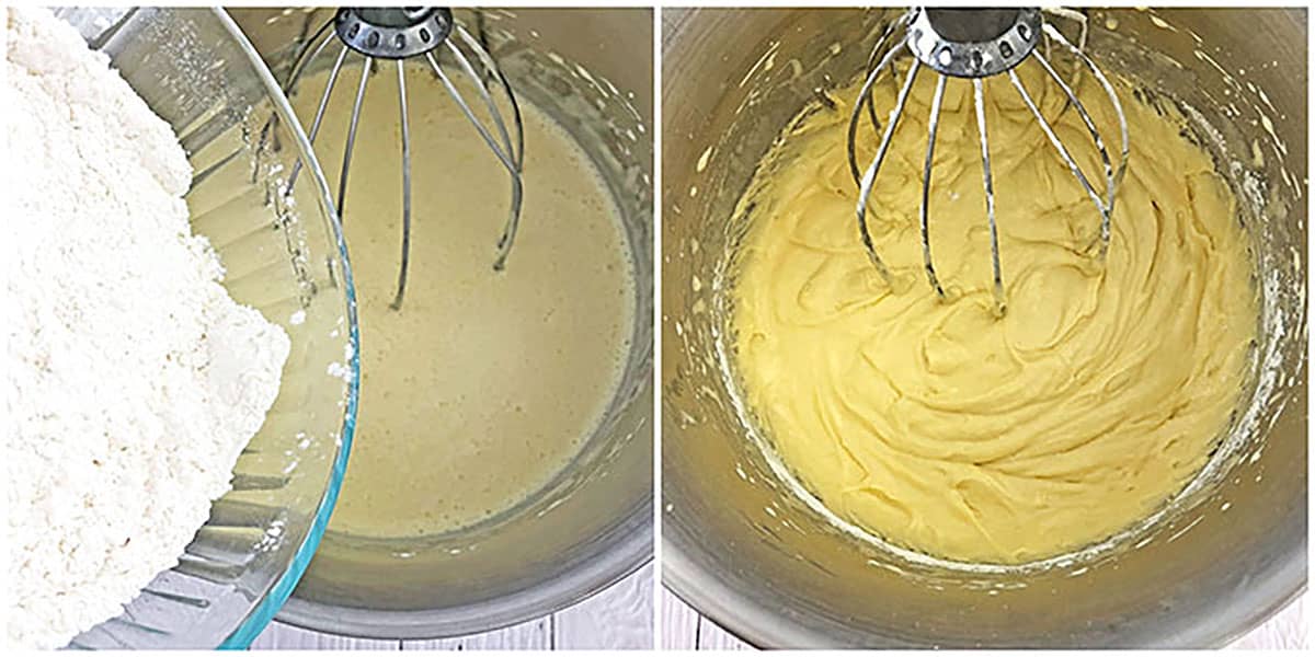 Reduce the mixing speed to low and then add the sifted flour mixture in small amounts.