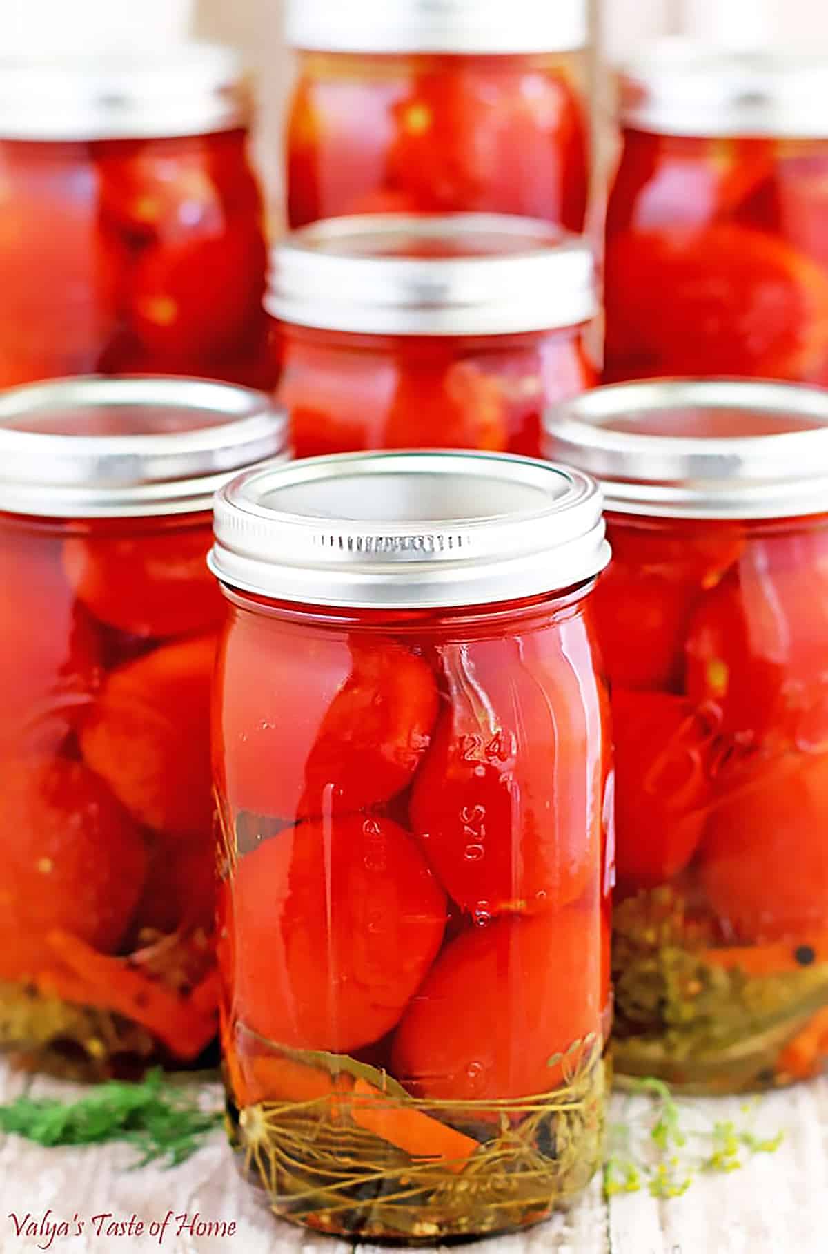 I grew up canning fruits and vegetables with my mom and still enjoy doing it to this day. I’ve tried a few different blends in the past. This particular Canned Tomatoes Recipe is my aunt Lyuda’s, and the one that takes the number one spot for me.
