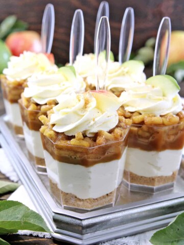 These No Bake Caramel Apple Pie Cheesecake Parfaits are out of this world delicious! Layers of goodness: crushed buttery graham cracker crust, smooth and creamy cheesecake filling, tasty and rich organic caramel, slathered with fantastic homemade diced apple pie filling, and finally topped with whipped cream.