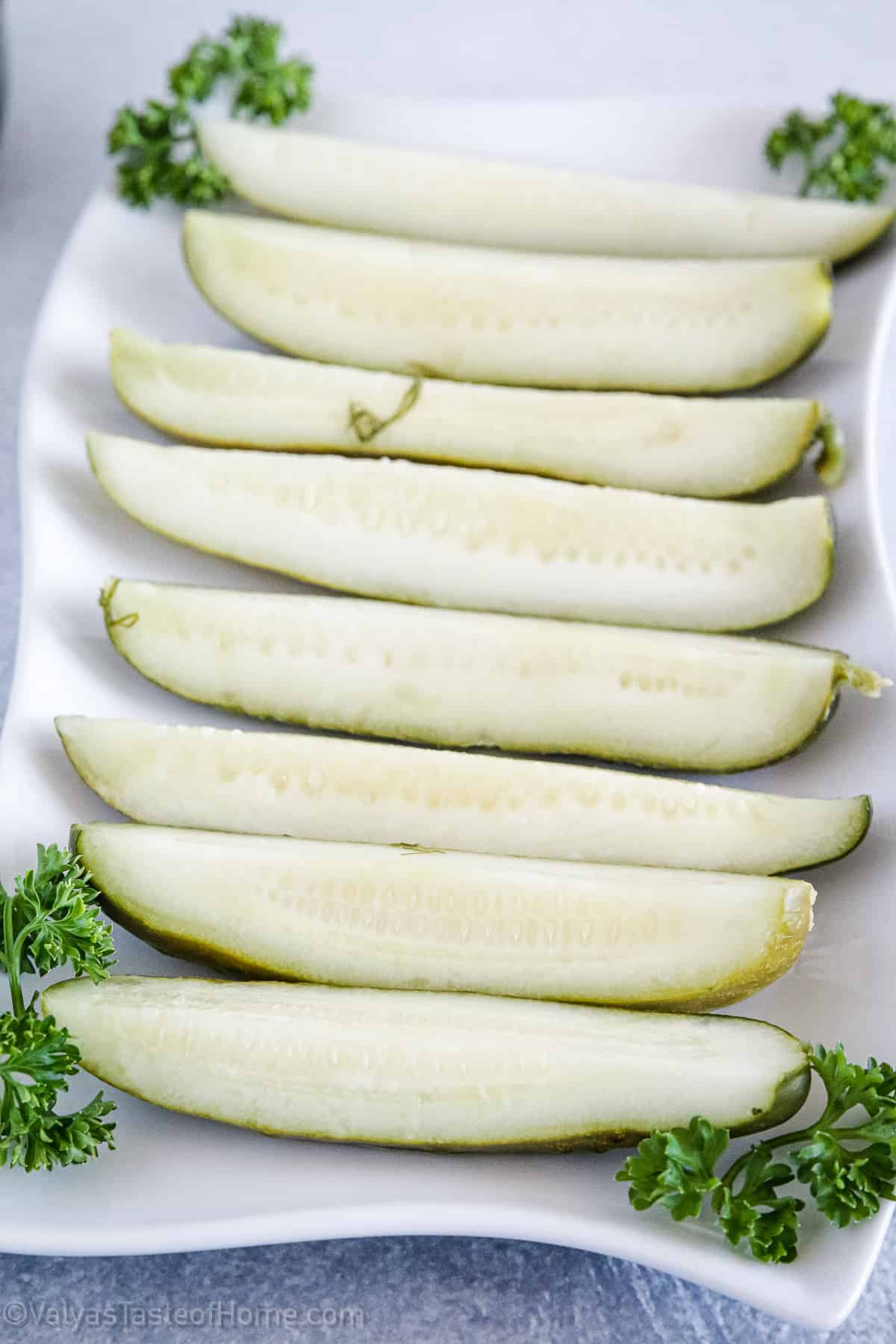 These pickles are easy to make, require no canning equipment, and can be stored in the refrigerator for several weeks.