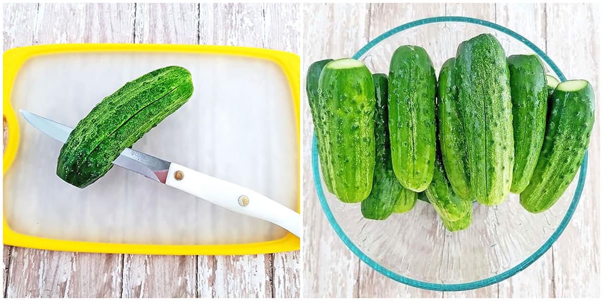 Cut both ends off the cucumber, then cut each one twice (like a + sign). Leave about ¼ inch of the end uncut so the cucumber holds its shape.