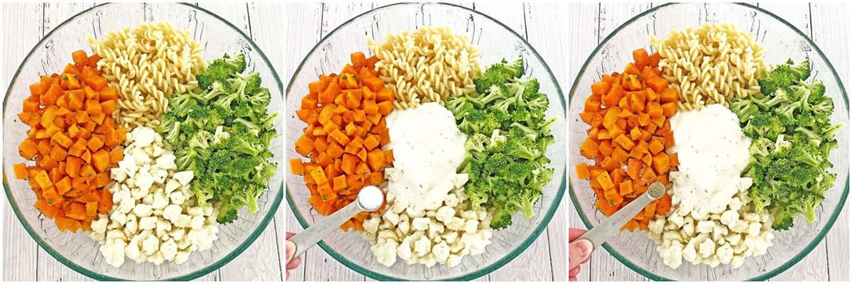 While the butternut squash is cooling, let's cook the pasta, and Place all the ingredients into a large glass bowl.