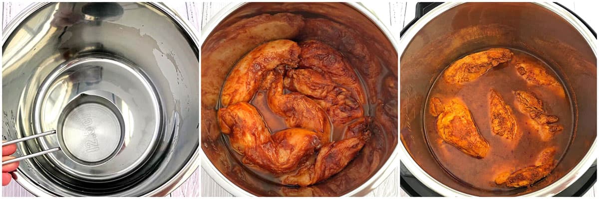 Add ½ cup water to the instant pot, then place the coated and seasoned chicken in it. You can also use chicken broth instead of water.
