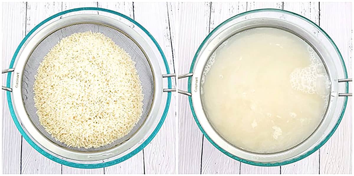 The water should be somewhat clear when you submerge the rice in the bowl of water on the final rinse.
